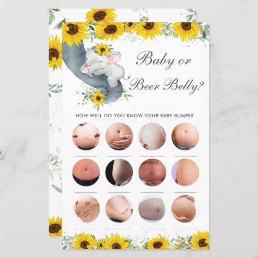 Zonnebloem Elephant Shower Baby of Beer Belly Game (Voorkant / Achterkant)