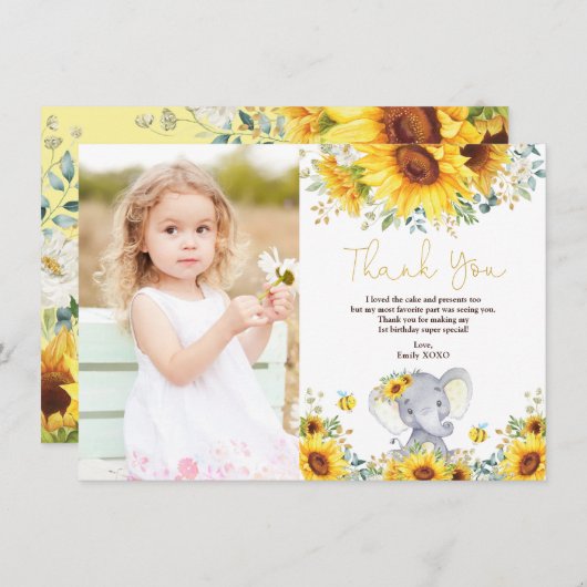 Zonnebloem Elephant Wilde Een kleine pinda Birthda Bedankkaart (Voorkant / Achterkant)