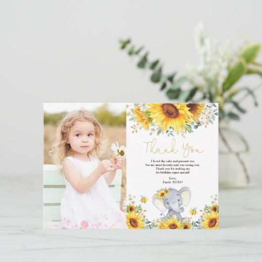 Zonnebloem Elephant Wilde Een kleine pinda Birthda Bedankkaart (Staand voorkant)