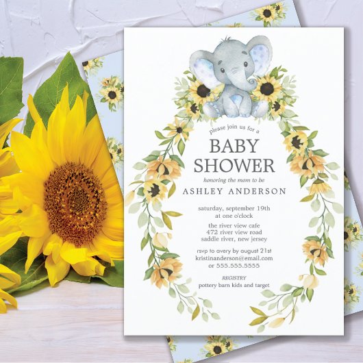 Zonnebloem en Baby shower van Baby-olifanten Kaart