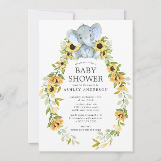 Zonnebloem en Baby shower van Baby-olifanten Kaart (Voorkant)