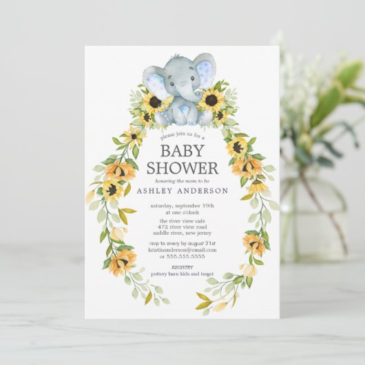 Zonnebloem en Baby shower van Baby-olifanten Kaart (Staand voorkant)