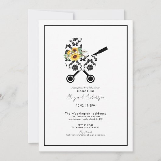 Zonnebloem en Baby shower van de Zwarte Damask Pra Kaart (Voorkant)