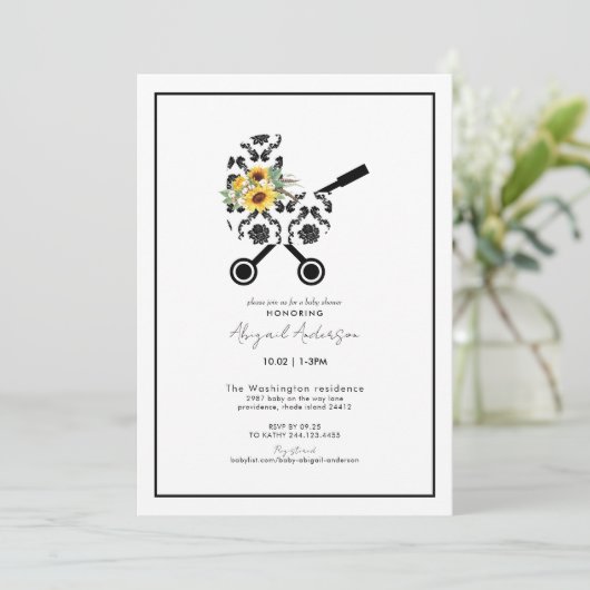 Zonnebloem en Baby shower van de Zwarte Damask Pra Kaart (Staand voorkant)