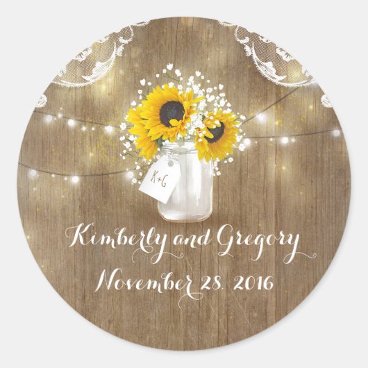 Zonnebloem en Baby's Breath Rustic Mason Jar Ronde Sticker (Voorkant)