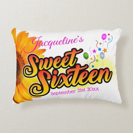 Zonnebloem en ballonnen op witte zweet-zestien accent kussen (Voorkant)