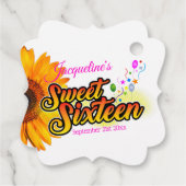 Zonnebloem en ballonnen op witte zweet-zestien bedankjes labels (Achterkant)