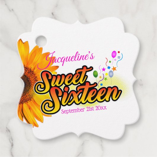 Zonnebloem en ballonnen op witte zweet-zestien bedankjes labels (Voorkant)