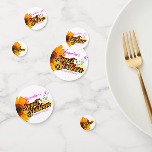 Zonnebloem en ballonnen op witte zweet-zestien confetti (Groep)