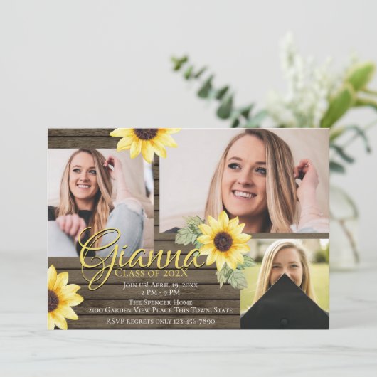 Zonnebloem en Barn Wood Afstuderen Fotouitnodiging Kaart (Staand voorkant)