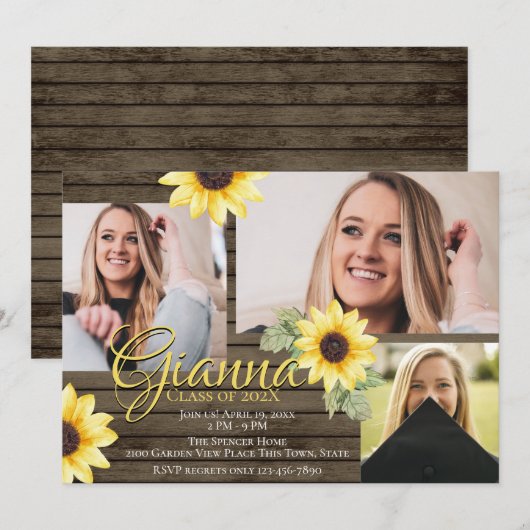 Zonnebloem en Barn Wood Afstuderen Fotouitnodiging Kaart (Voorkant / Achterkant)