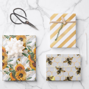 Zonnebloem en Bij Serie Ontwerp Drie Inpakpapier Vel