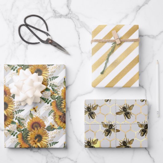 Zonnebloem en Bij Serie Ontwerp Drie Inpakpapier Vel (Voorkant)