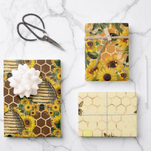 Zonnebloem en Bij Serie Ontwerp Een Inpakpapier Vel