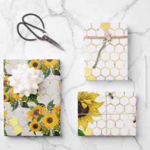 Zonnebloem en Bij Serie Ontwerp Twee Inpakpapier Vel