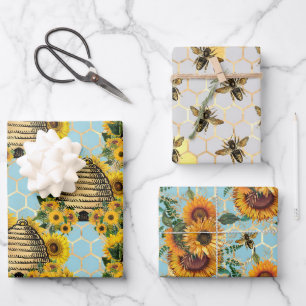 Zonnebloem en Bij Serie Ontwerp Vier Inpakpapier Vel