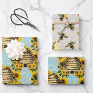 Zonnebloem en Bij Serie Ontwerp Vijf Inpakpapier Vel