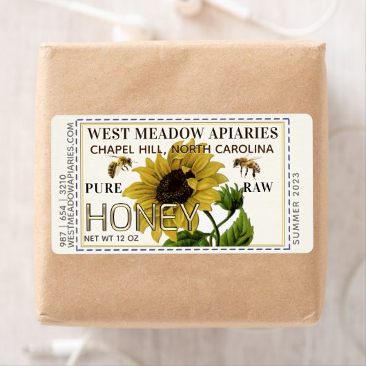 Zonnebloem en Bijen Honing Etiket Gestippelde Rand (Insitu)