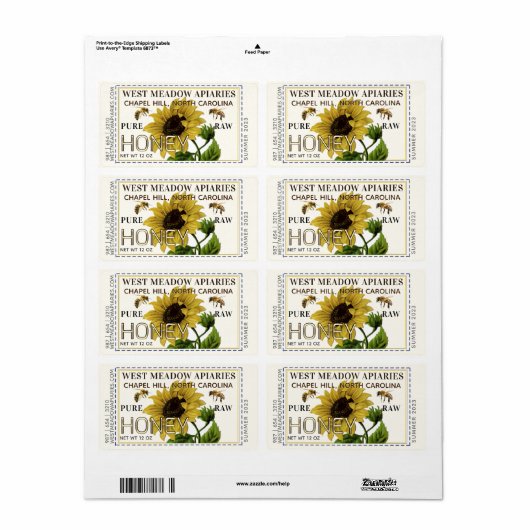 Zonnebloem en Bijen Honing Etiket Gestippelde Rand (Full Sheet)