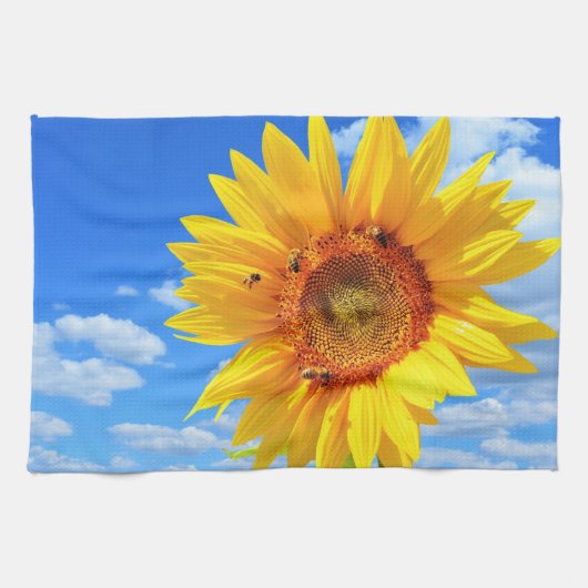 Zonnebloem en bijen keukenhanddoek (Horizontaal)