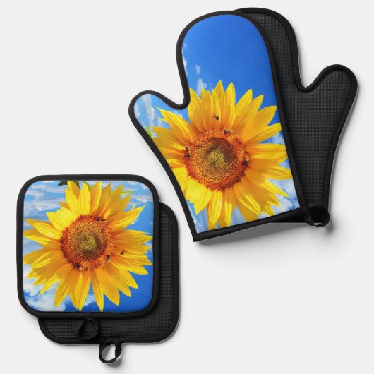 Zonnebloem en bijen Oven Mitt & Pot Holder Set (Voorkant / Achterkant)