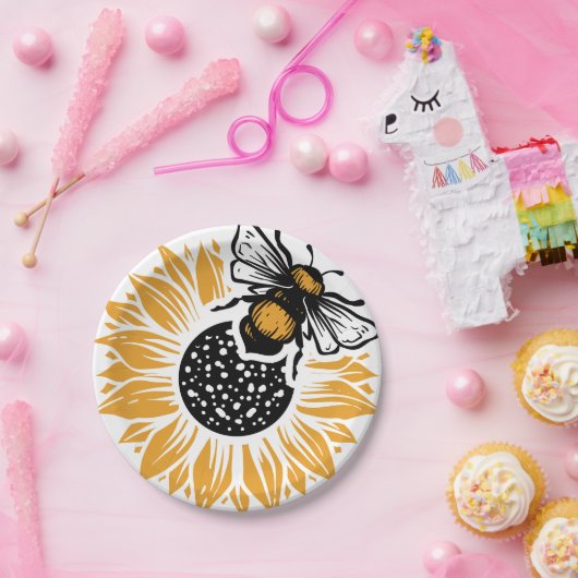 Zonnebloem en bijen papieren bordje (Feest)