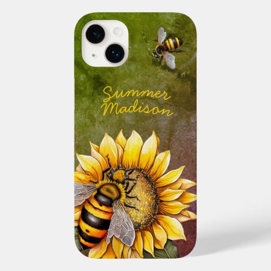 Zonnebloem en Bijen Rustieke Groene Naam Case-Mate iPhone Case (Achterkant)