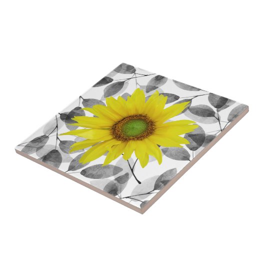 Zonnebloem en bladeren tegeltje (Zijkant)