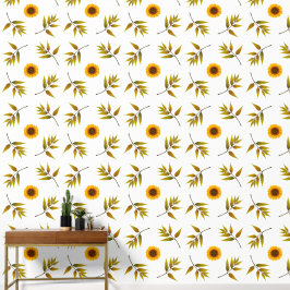 Zonnebloem en Bladpatroon Wallpaper Behang