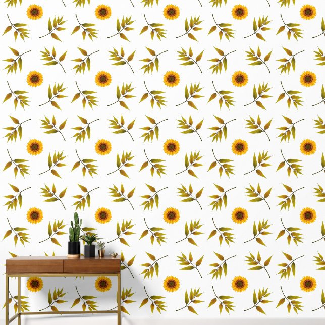 Zonnebloem en Bladpatroon Wallpaper Behang (Hal)