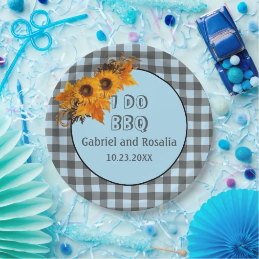 Zonnebloem en Blauwe Buffalo Checkgement Party Papieren Bordje (Feest)