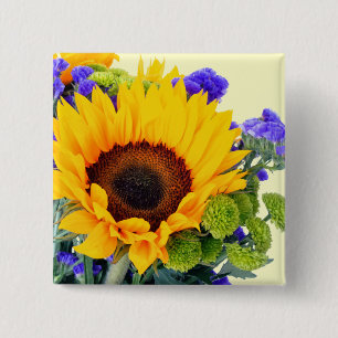 Zonnebloem en Blauwe Statice Vierkante Button 5,1 Cm