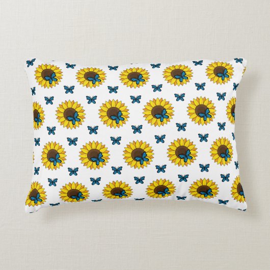 Zonnebloem en blauwe vlinder accent kussen (Voorkant)