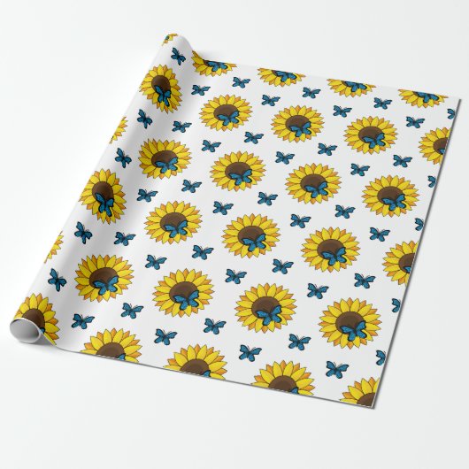 Zonnebloem en blauwe vlinder cadeaupapier (Uitgerold)