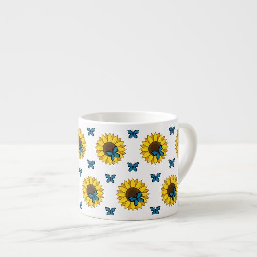 Zonnebloem en blauwe vlinder espresso kop (Voorkant rechts)