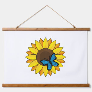 Zonnebloem en blauwe vlinder hangend wandkleed