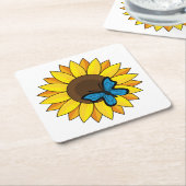 Zonnebloem en blauwe vlinder kartonnen onderzetters (Schuin)