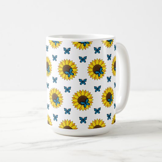 Zonnebloem en blauwe vlinder koffiemok (Voorkant rechts)