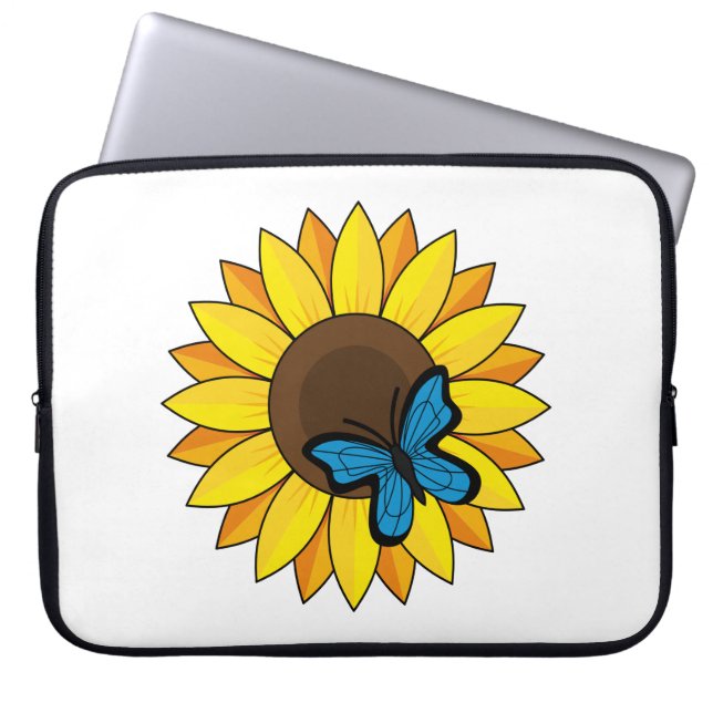 Zonnebloem en blauwe vlinder laptop sleeve (Voorkant)