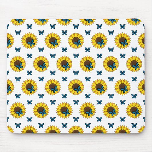Zonnebloem en blauwe vlinder muismat (Voorkant)