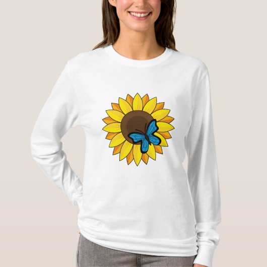 Zonnebloem en blauwe vlinder t-shirt (Voorkant)