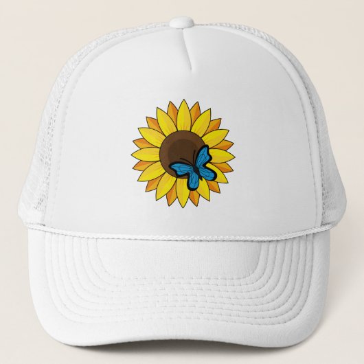 Zonnebloem en blauwe vlinder trucker pet (Voorkant)