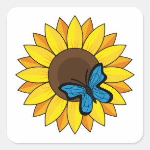 Zonnebloem en blauwe vlinder vierkante sticker