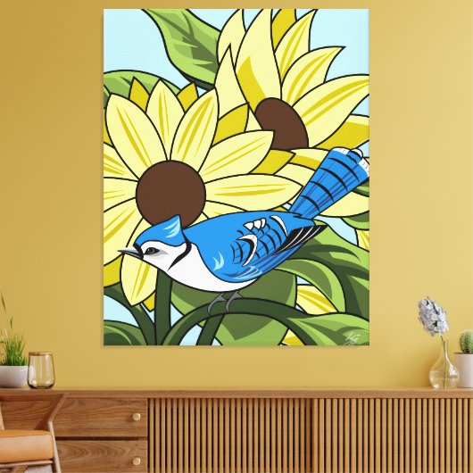 Zonnebloem en Bluejay Canvas Afdruk (Insitu (Woonkamer))