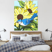 Zonnebloem en Bluejay Canvas Afdruk (Insitu (Slaapkamer))