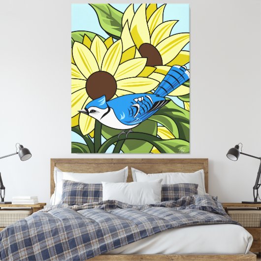 Zonnebloem en Bluejay Canvas Afdruk (Insitu (Slaapkamer))
