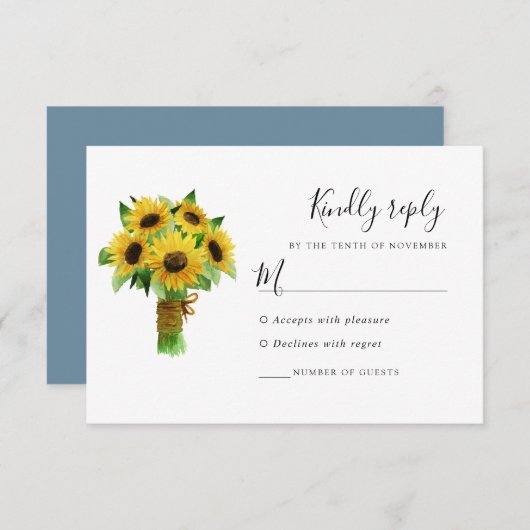 Zonnebloem en blush blauwe bruiloft reactie kaart (Voorkant / Achterkant)