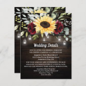 Zonnebloem en Bourgondiërode Roos Rustieke Bruilof Informatiekaartje (Voorkant / Achterkant)