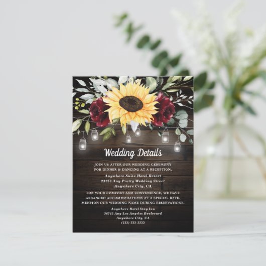 Zonnebloem en Bourgondiërode Roos Rustieke Bruilof Informatiekaartje (Staand voorkant)