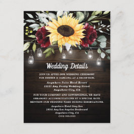 Zonnebloem en Bourgondiërode Roos Rustieke Bruilof Informatiekaartje